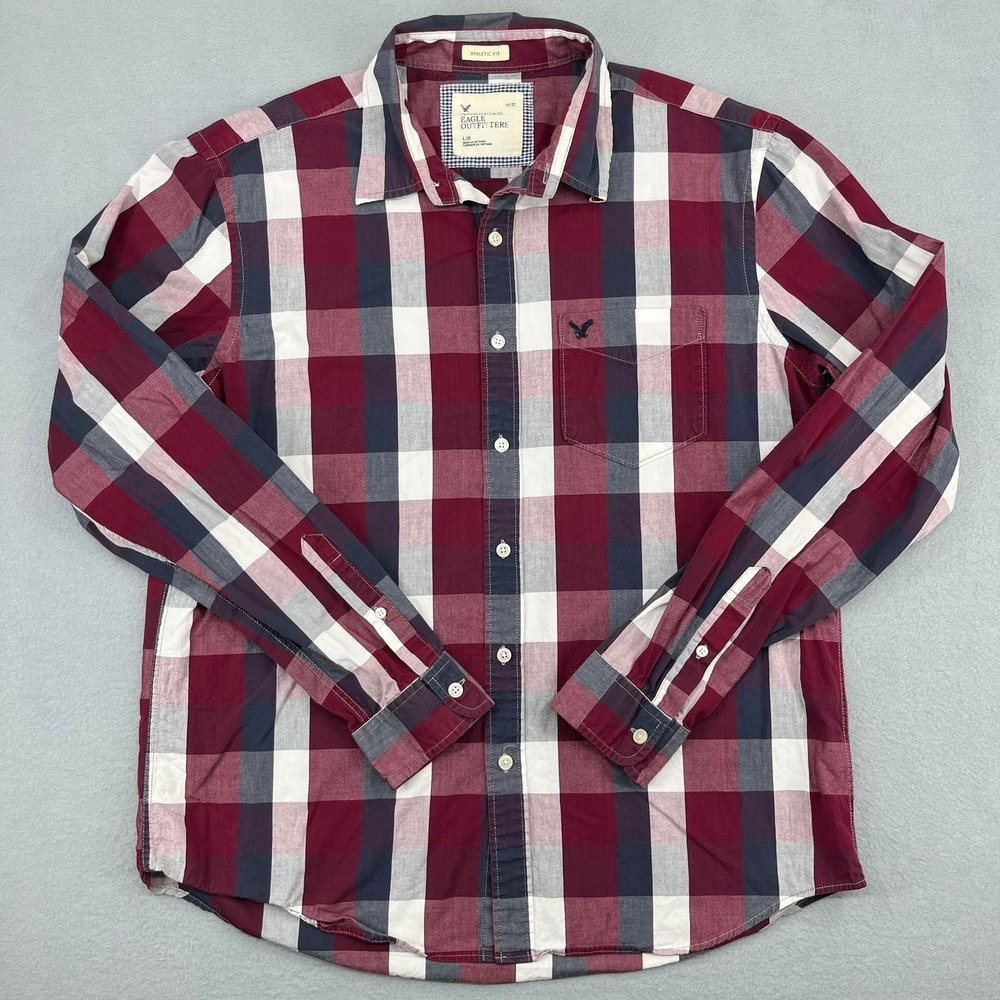 American Eagle Mens Athletic Fit Plaid Button Down Shirt Burgundy Blue Large